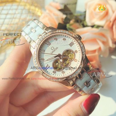 Perfect Replica Omega Tourbillon Diamond Dial Ladies Watch 35mm